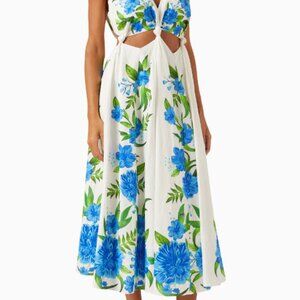 Farm Rio Romantic Garden Midi Dress - White and Blue Floral - Size L
